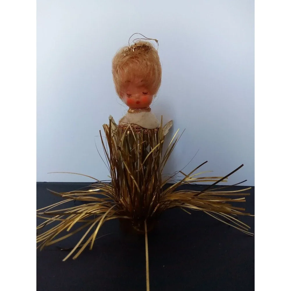 Vintage Angel tree topper Cardboard Gold wings‎ dress and plastic face Halo